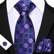 3Pcs Women Purple Round Pattern Tie & Pocket Square & Cufflinks Set, Random Cufflinks Pattern, Formal Suit Decor Accessory For Business Party Wedding - Purple - View 2
