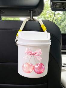 Cute Bowknot Cherry Print Swing Lid Car Trash Can, , Detachable Hanging Rope,Multifunctional Desktop Sundry Storage Bucket, Makeup Brush Holder, Car Interior Decor, Back To School Holiday Gift - A - View 7