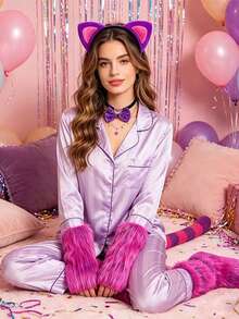 3PCS/Holiday Carnival Fox & Wolf Ear Headband, Artificial Tail, Theme Halloween Party, Suitable For Various Festival Character Stage Performance Costume Props - Purple - View 3