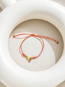 1pc European & American Style Stainless Steel 18K Gold Plated Heart-Shaped Rhinestone & Number Red String Bracelet, Women's Gift, Daily Accessory - Gold - View 4