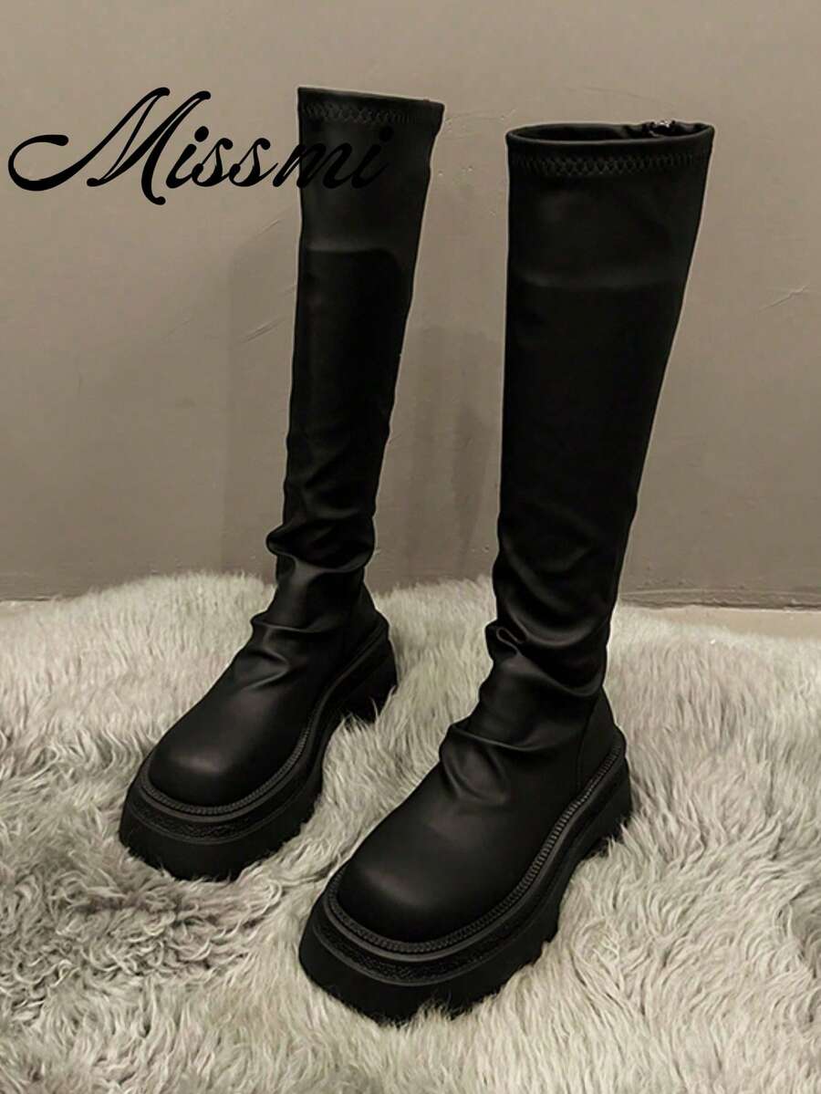 2025 New Boots Tall Boots Thick Sole Boots Mid-Calf Boots - Black - View 1