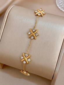 1Pc 18K Gold Plated Stainless Steel X Shape Zirconia Cross Chain Bracelet For Women,Daily Party/Christmas/Birthday Gift/Y2K/Rave/Halloween/Wedding - Multicolor - View 7