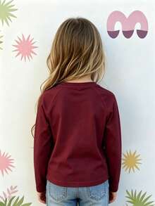 Autumn/Winter Ribbed Cotton Long Sleeve Top For Girls, Casual Sporty College Style - Maroon - View 4