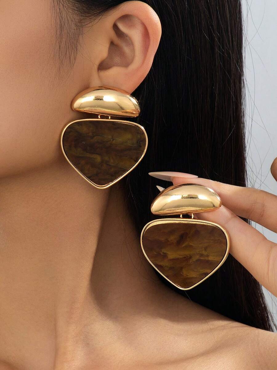 1 par de pendientes colgantes triangulares de carey vintage, pendientes colgantes geométricos de metal tono dorado, joyería de declaración para mujer - Rojo - Ver 1