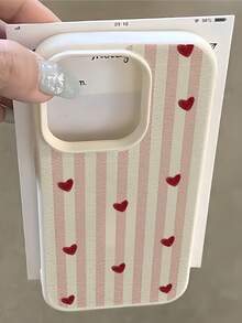 1pc White Matte Minimalist Lens Protection Striped Small Red Heart Pattern Phone Case, Personalized Compatible With IPhone 16 Pro Max/17/16/15/14 Plus/13/12/11/Air, Series - Multicolor - View 1
