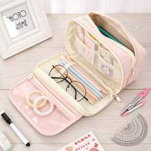 Large Capacity Zipper Pencil Case, Portable Multi-Compartment Pencil Bag, Waterproof Stationery Storage Bag - 1pc Pink - View 7