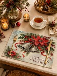 Christmas Table Runner, Throw Pillow, Placemat, Vintage Christmas Bell Red Ribbon, Red Holly Berry Print, Kitchen Dining Room Holiday Tabletop Decor - Multicolor - View 5