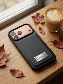 Personalized Custom Name Laser Engraved Metal Nameplate Faux Litchi Texture Leather Shockproof Protective Phone Case Compatible With IPhone 11 12 13 14 15 16 17 18 Pro Max Large Camera Cutout Anti‑Drop Soft Bumper Durable Phone Back Cover Stylish Daily Office Work Travel Dating Party Accessory, Thoughtful Customized Gift For Women Girls Girlfriend Best Friend Birthday Holiday Present - Black - View 3