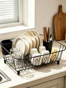 Kitchen Sink Countertop Dish Drying Rack, Dish Drain Basket, Dish Organizer With Utensil Basket, Stable Anti‑Slip Support Structure, Large‑Capacity Kitchen Tableware Storage Rack, Bowl & Plate Holder For Kitchen Counter - Black - View 3