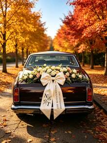 Romantic Wedding Car Rear Decoration Bow,Custom Name Print Satin Ribbon Bow With Pink White Artificial Rose Flower, Bridal Wedding Ceremony Party Car Ornament Supplies - Multicolor - View 7