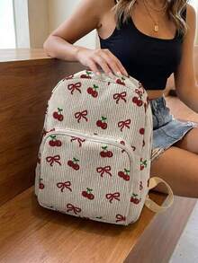 1PC Backpack, Women Mini Backpack, Corduroy Girl School Bag, Travel Storage Bag, Bow‑Pattern Printed Design, Large‑Capacity Foldable Easy‑Storage Bag, Lightweight & Pressure‑Relieving, Multi‑Pocket Layered Design With Zipper Closure - Cherry Bow - View 4