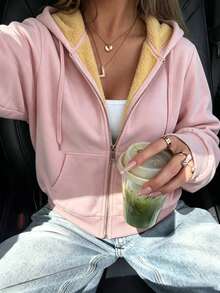 Women's Pink Warm Lined Hooded Zip-Up Jacket, Autumn/Winter Casual Long Sleeve Drawstring Pocket Sweatshirt - Pink - View 6