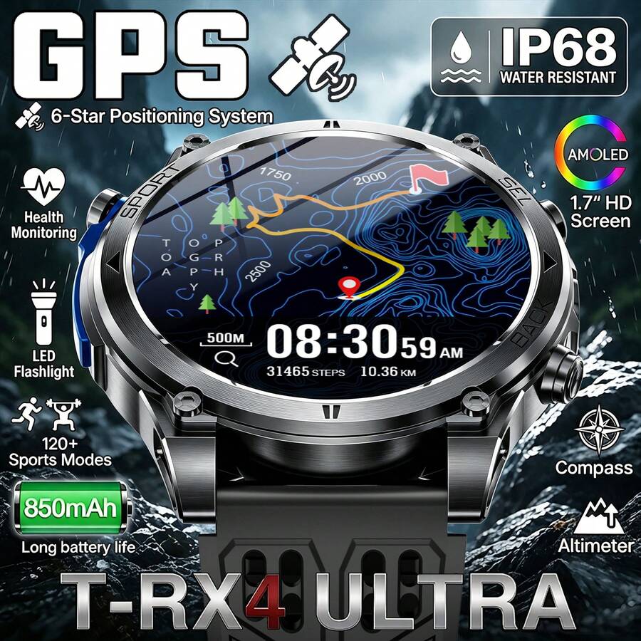 KENPANG GPS Men's Sports Smart Watch, Built-In GPS Real-Time Positioning, Emergency LED Flashlight, 1.7-Inch Full Touch Screen, 850mAh Battery, Precise Compass, Altimeter, Barometer, Weather Forecast, Men's Fitness Tracker, IP68 Waterproof, Anti-Drop, 100+ Sports Modes, Wireless Calling, Message Notification, Step Counting, Sleep Tracking, Compatible With IOS And Android, Suitable For Outdoor Hiking, Cycling
