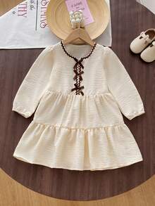 Girls' Fashion French Princess Style Bowknot Solid Color Patchwork Dress, Autumn - Apricot - View 2