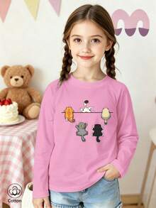 Girls' Cotton Raglan Long-Sleeve T-Shirt, Long Sleeves For Autumn & Winter, Multicolor Cartoon Cat Print Crew Neck Tee, Cute Sweet Girly Preppy Style - Light Wine Red - View 3