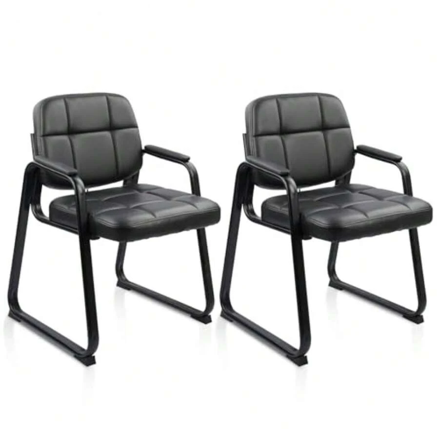 Waiting Room Guest Chair With Bonded Leather Padded Arm Rest For Office Reception And Conference Desk Black With Sled Base 2 Pack - Inky - View 1