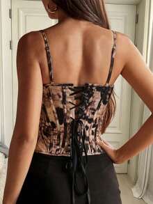 ApperlothPOP Goth Vintage Leopard Print Corset Top Spaghetti Strap Lace Trim Square Neck Boned Shapewear Rave Festival Halloween Outfit Women - Multicolor - View 4