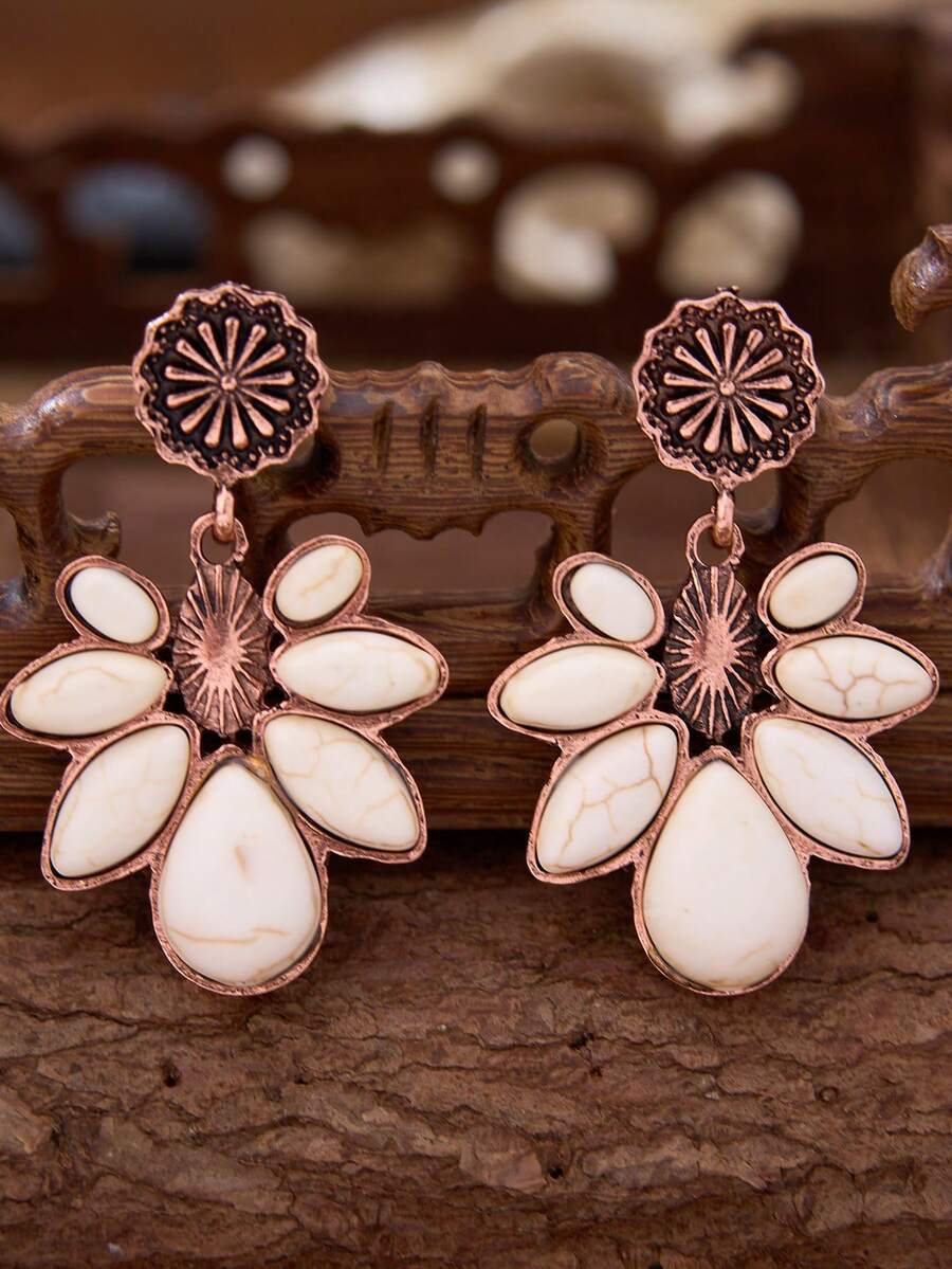 luodee Vintage Western Style Leaf Turquoise Earrings, Bohemian Style Dangle Earrings For Women, Suitable For Cowgirl's All Occasions - Bronze - View 1