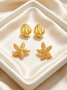 1 Set (2 Pairs/5 Pairs) Stainless Steel Shell & Starfish Shaped Beach Style Earrings, Suitable For Women To Wear At Parties Or Beach Vacations, Also As A Holiday Gift For Her - Gold - View 7