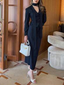 Elegant Minimalist Holiday Party Commute Daily Business Long Sleeve Waist Fitted Suit Matching Midi Skirt Women's Co-Ord Sets, Autumn Fall - Navy Blue - View 3