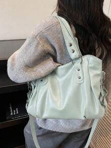 Minimalist Solid Color All-Match Style, Metal Rivet Reinforced Shoulder Strap, Comes With Adjustable Extended Crossbody Strap. Soft And Relaxed Body, Versatile Style, Can Be Freely Paired With Various Charms, Suitable For Multiple Outfits - Green - View 6