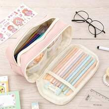 Large Capacity Zipper Pencil Case, Portable Multi-Compartment Pencil Bag, Waterproof Stationery Storage Bag - 1pc Pink - View 3