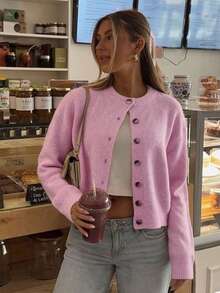 Women's New Autumn Round Neck Long Sleeve Knit Sweater Cardigan, Soft Casual Daily Commute College Style - Pink - View 1