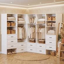 White Modern Closet System, 5.91Ft Wood Walk-In Closets Wardrobe Organizer, 23.5" Closet System With 2 Drawers & Hanging Rod & Open Shelf, 22.8" Closet Organizer System With 3 Drawers & 3 Adjustable Shelves, 2 Size - White - View 11