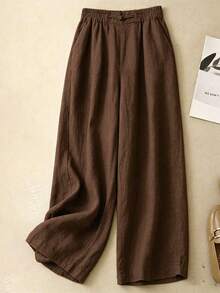 100% Cotton Women Wide Leg Pants Elastic Waist Chinese Frog Button Casual Loose Trousers Brown - Coffee Brown - View 3