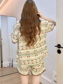 2pcs/Set Women's Pajamas Homewear Set, Middle Eastern Print Pattern Fashion Lapel Cardigan Simple Short Sleeve Shorts, Comfortable For Home - Multicolor - View 3