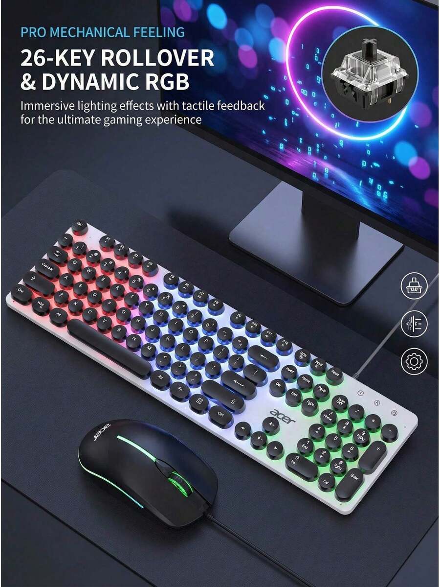 Acer Kombo Keyboard dan Mouse Berkabel OCC205 - Keyboard dan Mouse Mekanik dengan Tutup Tombol Bulat Bergaya Punk - Pencahayaan Pernapasan Pelangi - Rollover 26 Tombol - Cocok untuk PC/Laptop - Versi Bercahaya - View 1