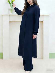 Autumn Luxury Deep Blue Ruffle Collar Long Sleeve Abaya Pants Set, Elegant Daily Commute Dress - Navy Blue - View 6