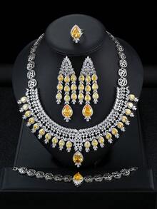 1 Set 5pcs Fashion Luxury Water Drop Zirconia Earrings Necklace Bracelet Ring Women Jewelry Set For Holiday Party Wedding Evening Dress - Water Droplets - View 4