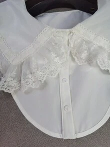 1件女款白色刺繡蕾絲飾邊純色波希米亞風聚酯纖維休閒套頭襯衫，附假領 - 白色 - 查看 5