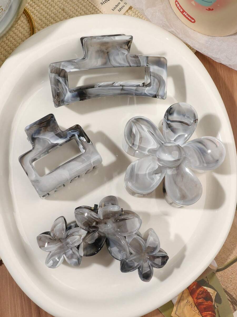 4pcs/Set Spring Summer Bohemian Fresh Minimalist Chinese Style Black & White Ink Wash Marble Pattern Half-Round Plumeria Square Combination Hair Claw Beach Seaside Updo Hair Accessories - 4-piece Set - Black and White - View 1