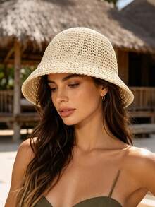 1pc Women's Solid Color Handmade Straw Hat, Beach Sun Protection Straw Hat, Suitable For Daily, Vacation, Beach, Bohemian - Multicolor - View 3