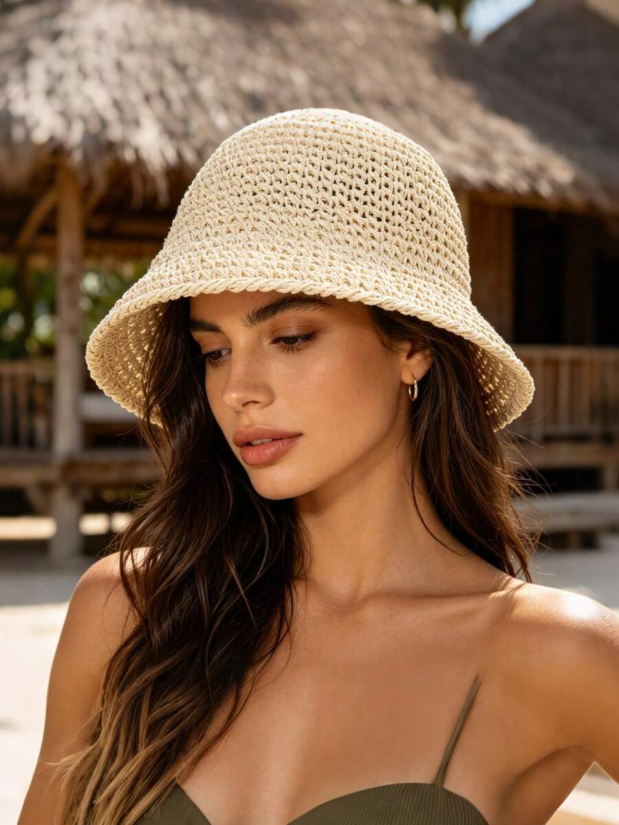 1pc Women's Solid Color Handmade Straw Hat, Beach Sun Protection Straw Hat, Suitable For Daily, Vacation, Beach, Bohemian - Multicolor - View 1