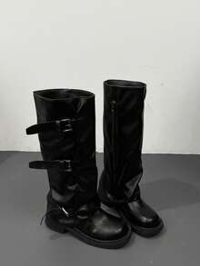 Multi-Buckle Ruched Stacked High-Top Boots, Plus Size Wide Foot Round Toe Side Zipper Cool Street Style Long Boots - Black - View 4