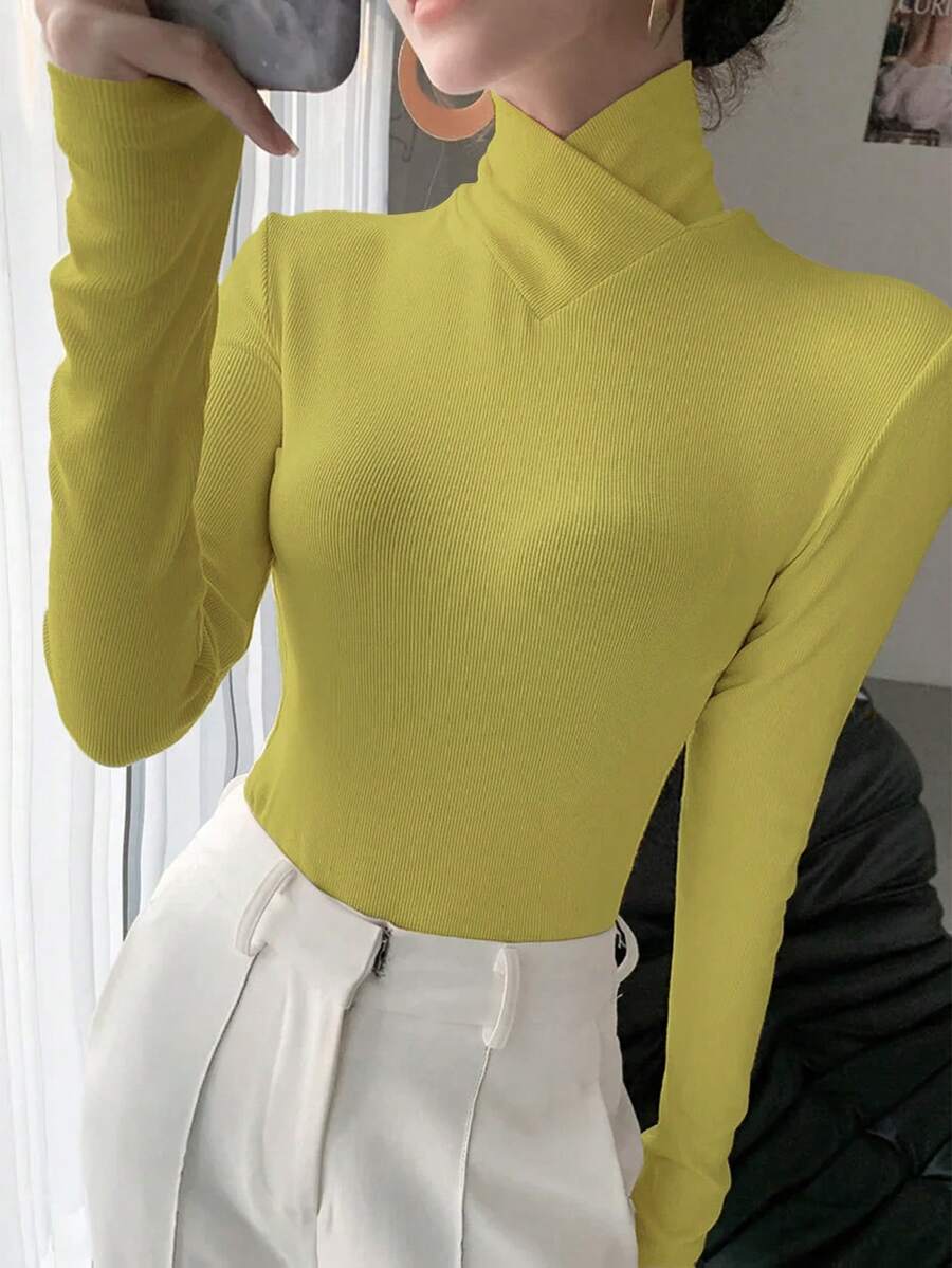 Women's Solid Color Knitted Cross Design Stand Collar Base Layer T-Shirt Top, Office Wear, Autumn/Winter New Arrival