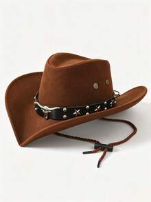 Women Western Cowboy Hat, Retro Wide Brim Cowgirl Hat With Metal Bull Head Rivet Decor, Wind Rope Adjustable Faux Suede Party Travel Festival Sun Hat - Folded Three-strand Rope Cowhide Hat - View 9