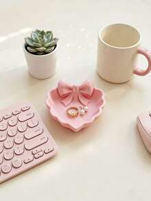 1pc Heart-Shaped Jewelry Tray With Pink Bow, 3D Printed, Suitable For Vanity, Sink And Jewelry Storage, Ideal For Home Decor, Office Desk And Jewelry Display - Multicolor - View 2
