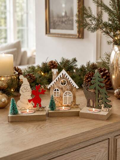 1pc Vintage Nordic Farmhouse Style Christmas Tea Light Candle Holder Ornament, Freestanding Santa Claus, Reindeer, Snow House And Evergreen Tree Desktop Decor, Hollow Holiday Candle Holder Design With Mini Christmas Tree, Suitable For Desktop, Fireplace Mantel And Shelf Holiday Centerpiece Decoration, Christmas Candle Holder, Christmas Desktop Ornament, Winter Village Decor, Holiday Party Supplies, Christmas Centerpiece, Seasonal Home Decor, Christmas Decoration, Holiday Decor, Christmas Gift