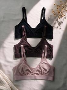 5pcs Women's Comfortable Solid Color Knit Fabric Front Closure Triangle Cup Bra - Multicolor - View 3