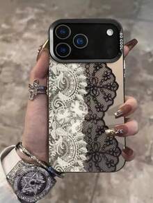 Black‑White Contrast Lace Floral Print Phone Case Compatible With Iphone, Semi‑Transparent Mirror‑Like Back Panel, Retro Spliced Black And White Lace Flower Pattern, Large View Black Camera Protective Frame, Letter Print On Side Edge,Great For Daily Dating Party Holiday Gifting, Compatible With IPhone11 12 13 14 15 16 17 Pro & Pro Max, IPhonePhone Case, IPhone17 Case, Aesthetic Smartphone Case - Black - View 1