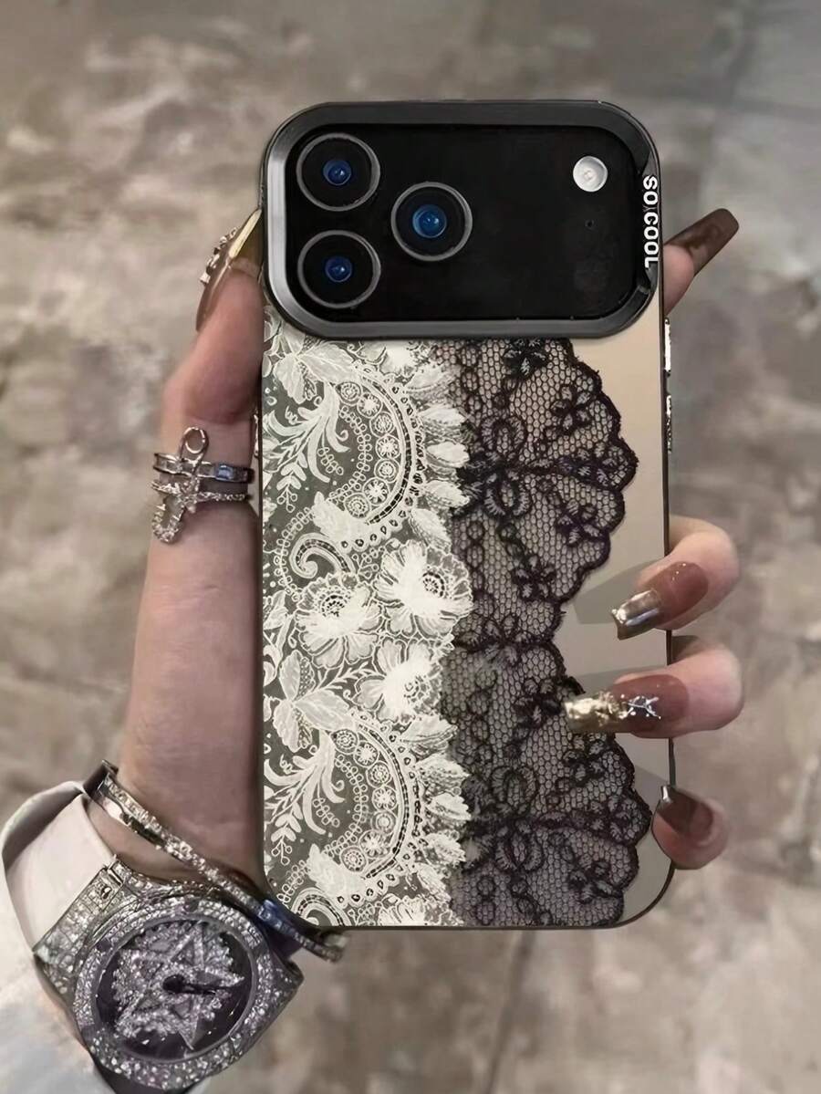 Black‑White Contrast Lace Floral Print Phone Case Compatible With Iphone, Semi‑Transparent Mirror‑Like Back Panel, Retro Spliced Black And White Lace Flower Pattern, Large View Black Camera Protective Frame, Letter Print On Side Edge,Great For Daily Dating Party Holiday Gifting, Compatible With IPhone11 12 13 14 15 16 17 Pro & Pro Max, IPhonePhone Case, IPhone17 Case, Aesthetic Smartphone Case - Black - View 1
