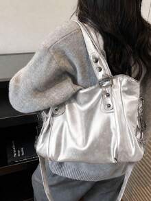 Minimalist Solid Color All-Match Design, Metal Rivet Reinforced Shoulder Strap, Comes With Adjustable Extendable Crossbody Strap. Soft And Relaxed Body, Versatile Style, Can Be Freely Matched With Various Charms, Suitable For Multiple Outfits - Silver - View 4