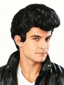 8 Inch Black Voluminous Big Pompadour Wig, Retro High Top Design, Rock Star Style Men's Wig, Suitable For Halloween, Cosplay And Rock Party - Black - View 6