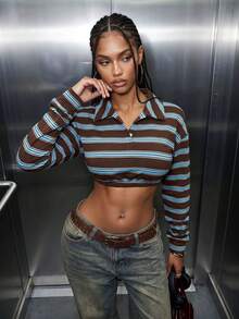 Women's Casual Striped Collar Button Oversized Micro Cropped Long Sleeve Tops For Daily,Winter Fall Clothes,Fall Winter Outfit,Going Out Tops - Coffee Brown - View 2