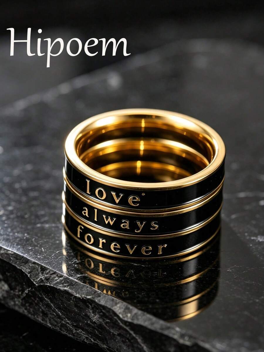 3pcs Fashionable Stainless Steel Men's Ring Set With Text And Oil Drop Elements, Suitable For Men's Daily Wear And Holiday Accessories - Gold - View 1