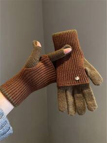 1 Pair Cute Winter Dual-Use Colorblock Wool Women's Gloves, Fingerless, Touchscreen Compatible, Warm, Cycling, Student - Multiple Styles - View 12